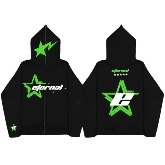 Men's Star Letter Printing Vintage 2000s Zipper Hoodie